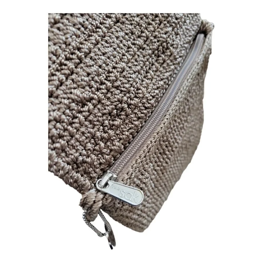 The Sak Taupe Macrame Mini Crossbody Purse W/ Flap & Zipper